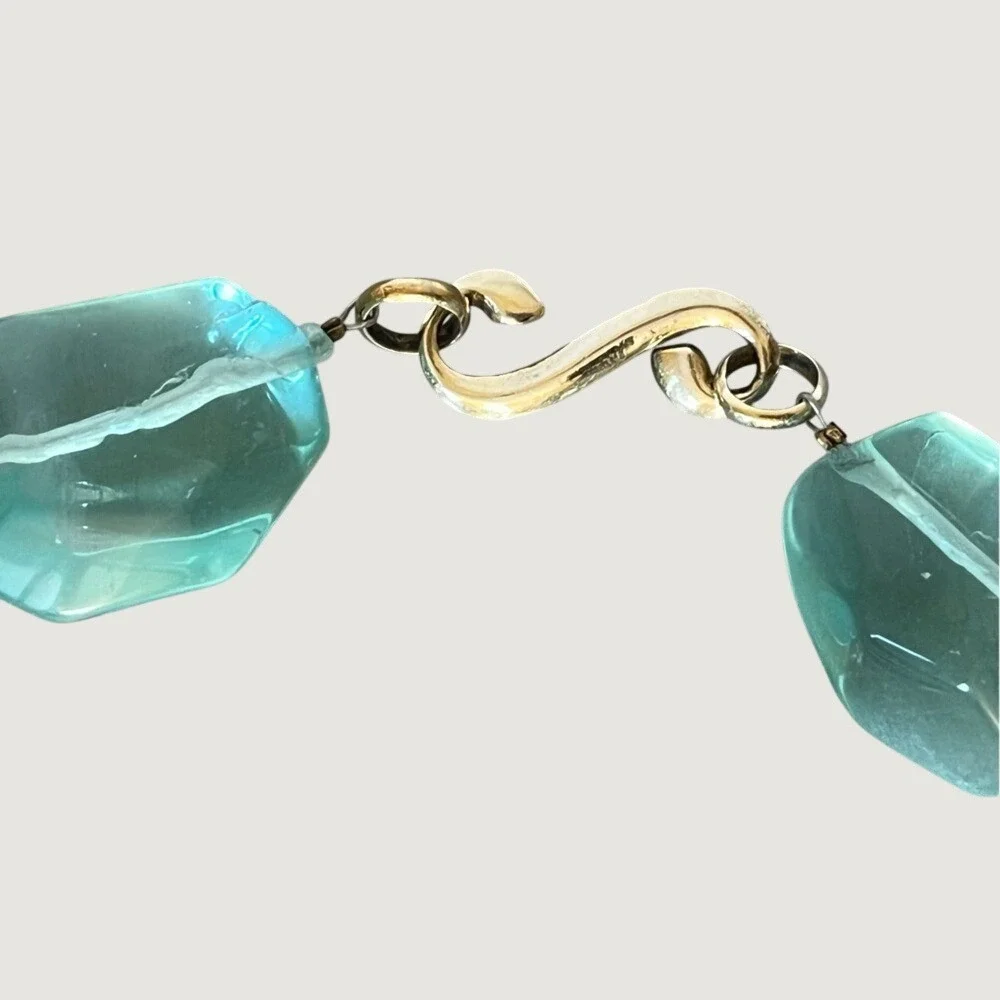 Vintage Aqua Lucite Bead Necklace Red Butterfly Statement Chunky Retro Boho